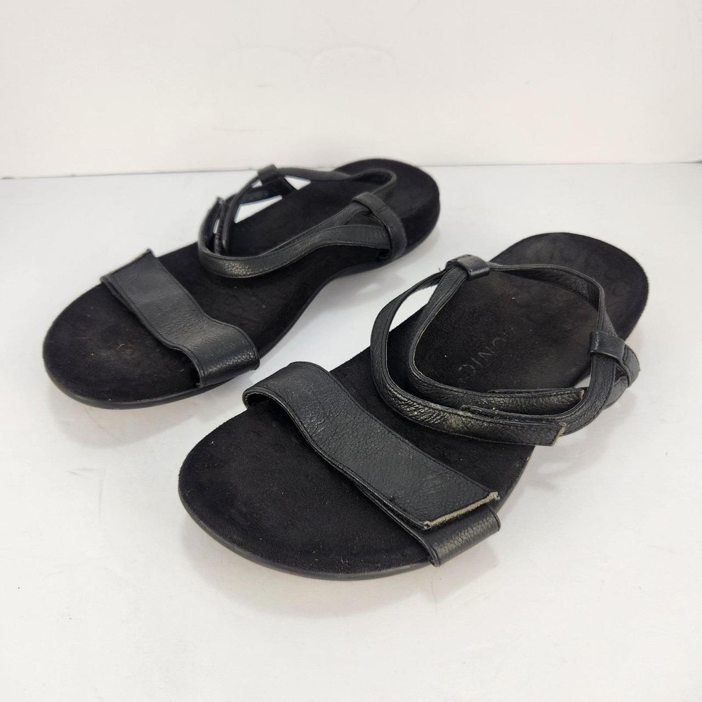 Vionic Women's Size 8.5 Black Leather Strappy Ankle Strap Flat Sandals